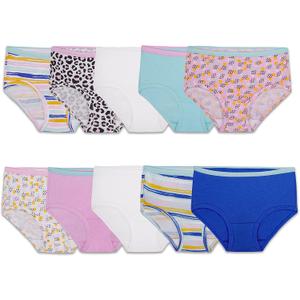 Fruit of the Loom Girls' Cotton Brief Underwear, Multipack (10, Brief - 10 Pack - White/Stripes/Animal Print)