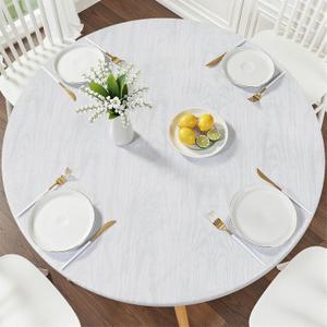Smiry Round Picnic Tablecloth, Wipeable Flannel Backed Vinyl Tablecloths for 45" - 56" Tables, Waterproof Elastic Fitted Table Covers for Camping, Indoor, Outdoor, Grey & White, For Up to 45"-56" Round