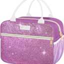 Lunch Bag For Women, Leakproof Glitter Lunch Box, Cute Lunch Tote Bag Adult, Large Capacity Insulated Reusable Cooler Lunch Containers for Work Travel Picnic or Office (Purple Bling Sparkle)