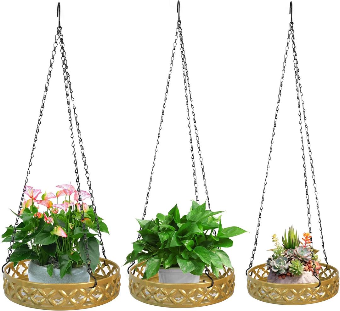 Gold Metal Plant Hanger Hanging Planter Basket Decorative Plant Pot Holder for Outdoor Indoor with Ceiling Hook Modern Plant Hanging Basket for Balcony Porch Garden Home Decor in 22/25/28cm