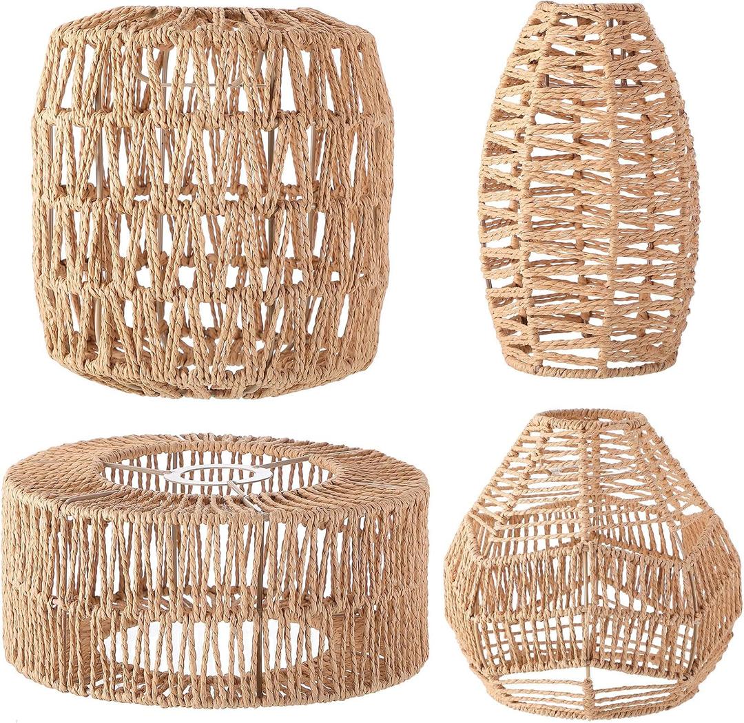 Baquler 4 Pcs Lamp Shade Pendant Light Shade Woven Lampshade Hanging Replacement Light Covers Boho Lamp Cover Home Decor, Farmhouse Rustic Wall Sconces for Table Lamps Floor Lamps