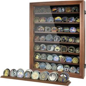 7 Rows Challenge Coin Display Case - Holds 100 Coins, Solid Wood Military Coin Holder Cabinet with HD Tempered Glass, Wall-Mountable Shadow Box for Collectibles, Medals, Casino Chips, Walnut