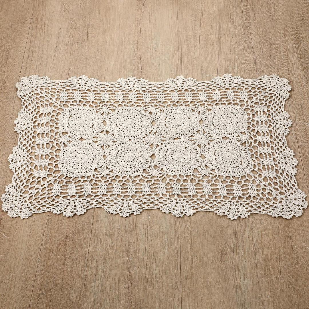 Beige Lace Table Runner, Handmade Crochet Table Runner, 23.6x15.75In Rectangular Lace Doilies for Wedding Living Room Kitchen Dining Decor (Beige)