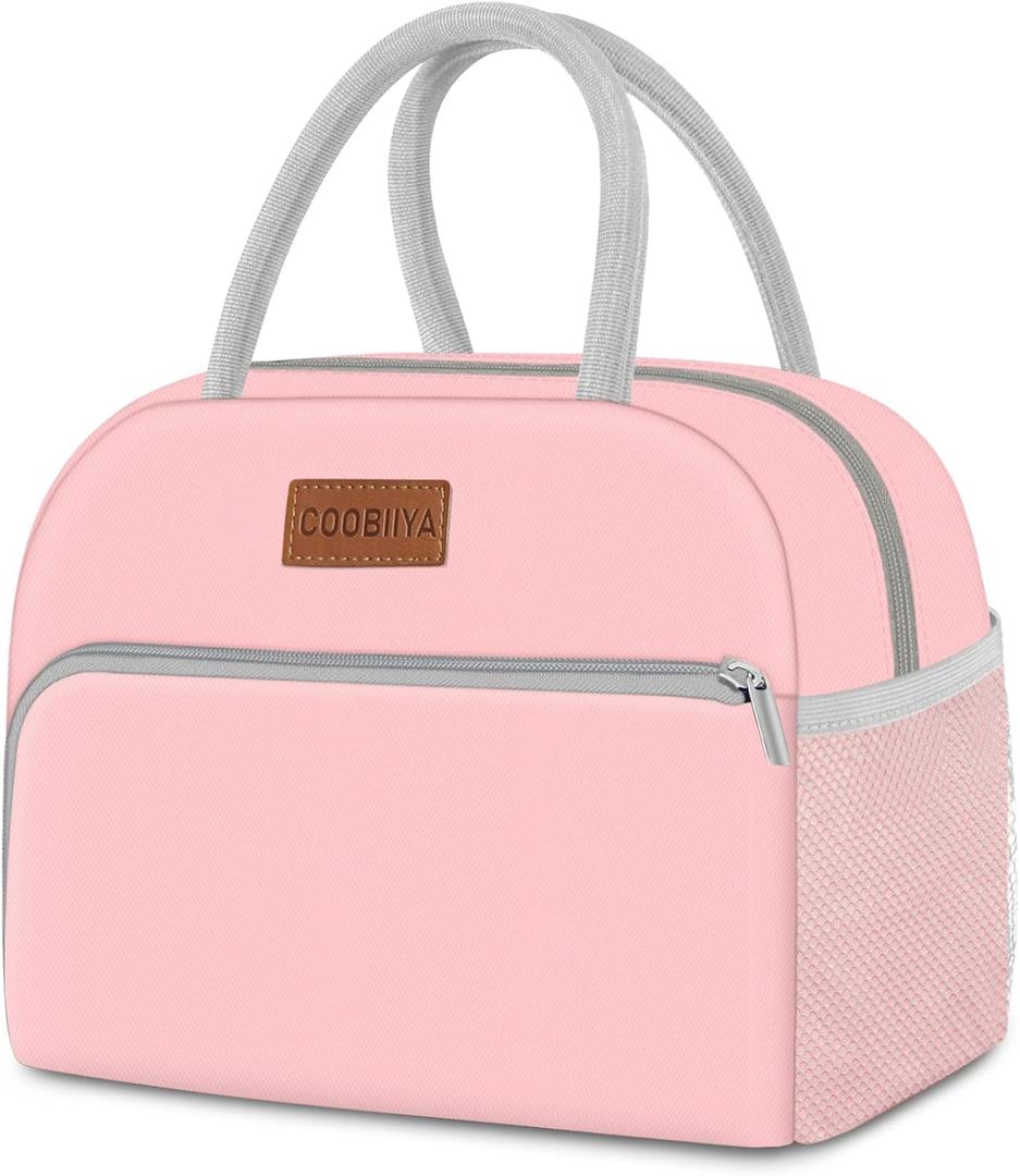 Coobiiya Lunch Bag for Women Men, Insulated Reusable Picnic Bag, 10.8"L x 6.3"W x 8.85"H, Pink