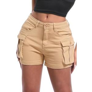 ELLEVEN Women's High-Stretch Cargo Shorts, Y2K Mini, High Waisted, Slim-Fitted Jean Shorts with Pockets, XL