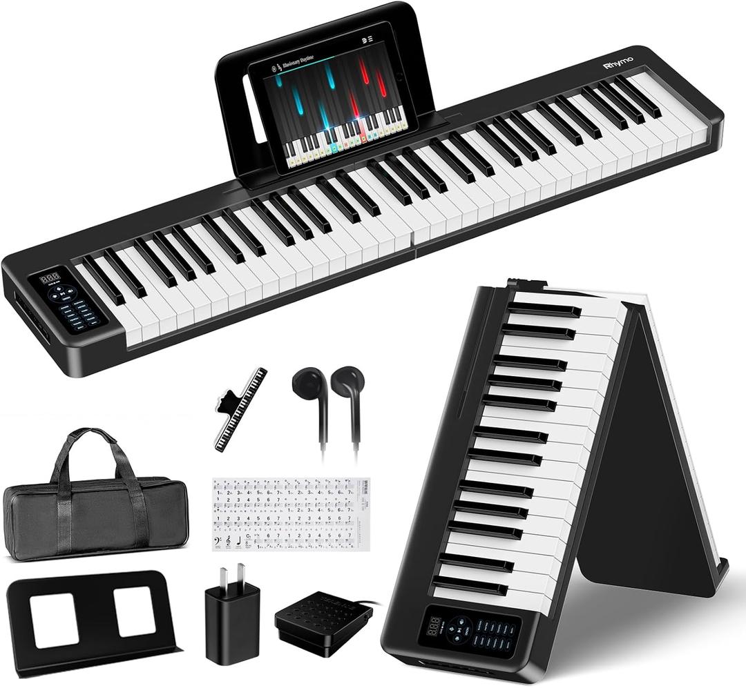 Rhymo Folding Piano Keyboard, 61 Keys Sensitive Electric Piano, Weighted Portable Electric Keyboards with Bluetooth MIDI, Digital Foldable Keyboard for Beginner
