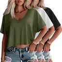 Huukeay 3 Pack Oversized T Shirts for Women Short Sleeve Crop Tops V Neck Irregular Hem Baggy Cropped Tees (X-Large, Army Green, White, Black)