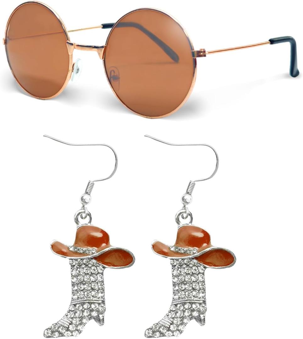 HyperFun Western Cowgirl Boots Earrings Heart Shaped Sunglasses Round Hippie Glasses Cowboy Dangle Earrings Accessories Set