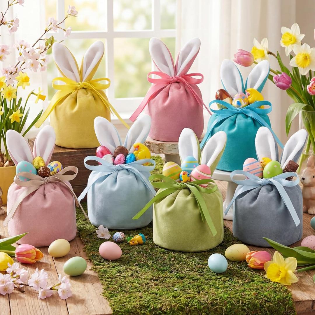 Funtery Easter Bunny Gift Bags Bunny Birthday Decoration Rabbit Ear Velvet Bags with Drawstrings 4.7 x 3.7 Inch Gift Pouches Party Favors for Baby Kid Basket Candy Treat Jewelry, 6 Color(12 Pcs)