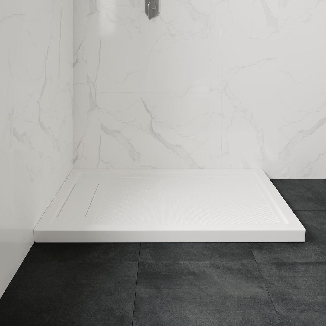 OVE Decors 54-in W x 32-in D Shower Base Pan Rectangle, Hidden Side Drain, White Acrylic, Reversible Design