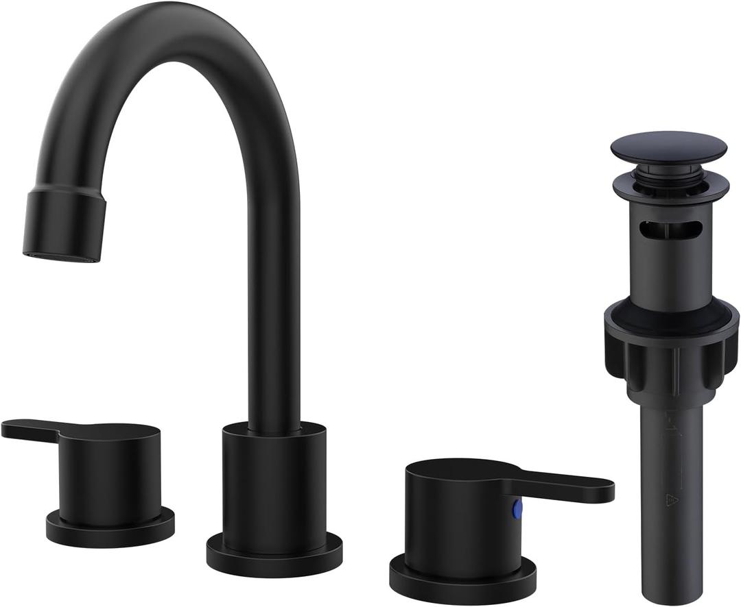 Widespread Bathroom Sink Faucet Brushed Nickel 2 Handle 8 inch Lavatory Faucet 3 Hole 360 Swivel Spout Vanity Sink Basin Faucets with Pop Up Drain Assembly (Matte Black)