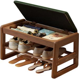 AQIMUELE Shoe Rack Bench,2 Tiers Shoe Bench with Storage with Flip-Top,Wood Shoe Rack for Entryway,HallwayGreen Upholstered Seat,11.8" D x 23.62" W x 15.7" H