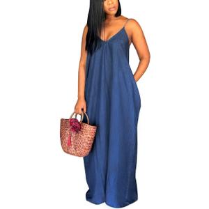 Maxi Dresses for Women Sexy Casual Spaghetti Strap Long Summer Sundress with Pockets, XX-Large, Denim Navy