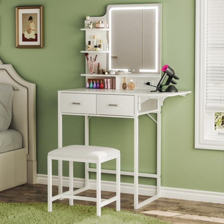 Makeup Vanity Desk with Mirror and Lights, Small Vanity with Fabric Storage Drawer & Chair & Shelves, White Vanity with Fold-up Panel and Power Outlet for Bedroom