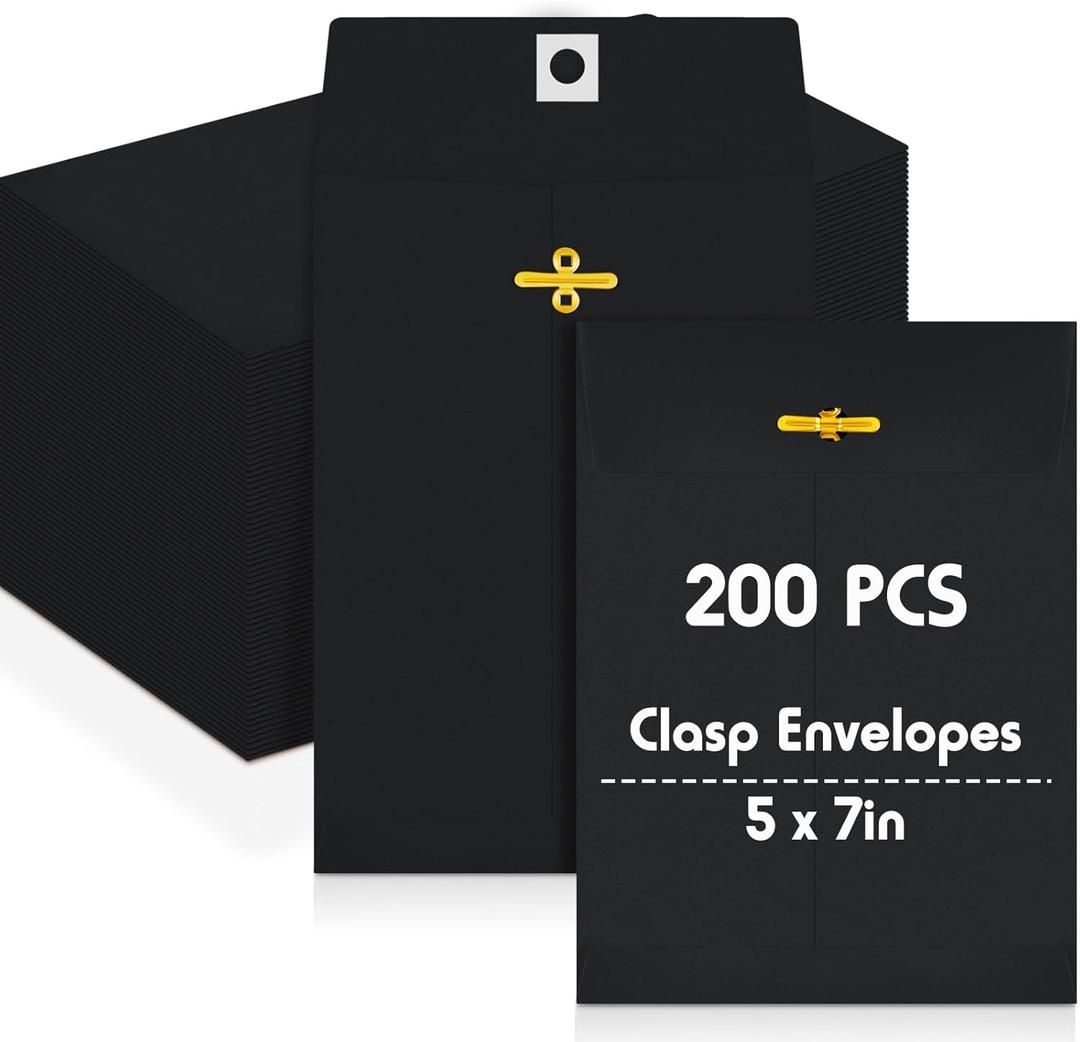 Geyee 200 Pcs 5 x 7" Clasp Manilla Envelopes Gummed Clasp Closure 28 lb Kraft Paper Envelopes for Storing or Mailing Home Business Office (Black)