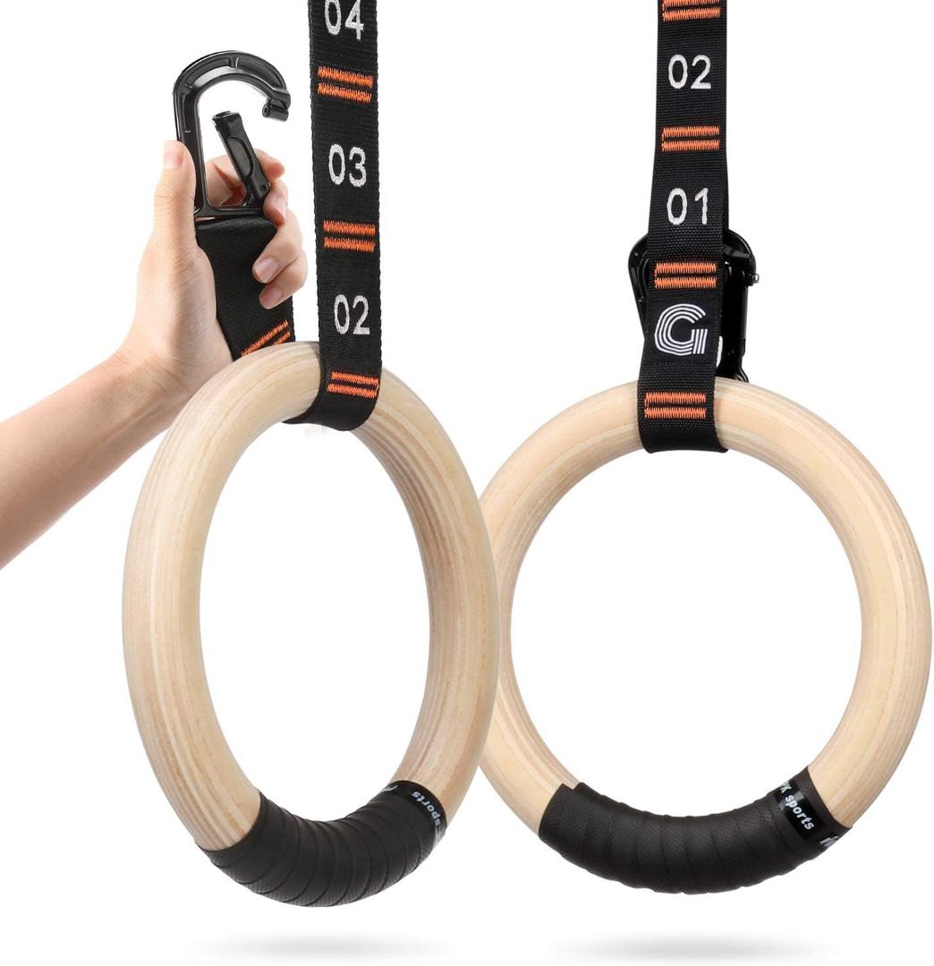 Gonex Wooden Gymnastic Rings with Adjustable Number Straps, Olympic Rings for Gym, Workout, Exercise, Outdoor Training, Quick Install Carabiner, 8.5 ft Straps Pull Up Non-Slip Rings