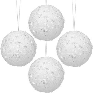 4 Pcs 4.7" Sequin Ornaments, Glitter & Sparkle Christmas Ball Ornaments - White, Hanging Balls for Indoor/Outdoor Holiday Decor