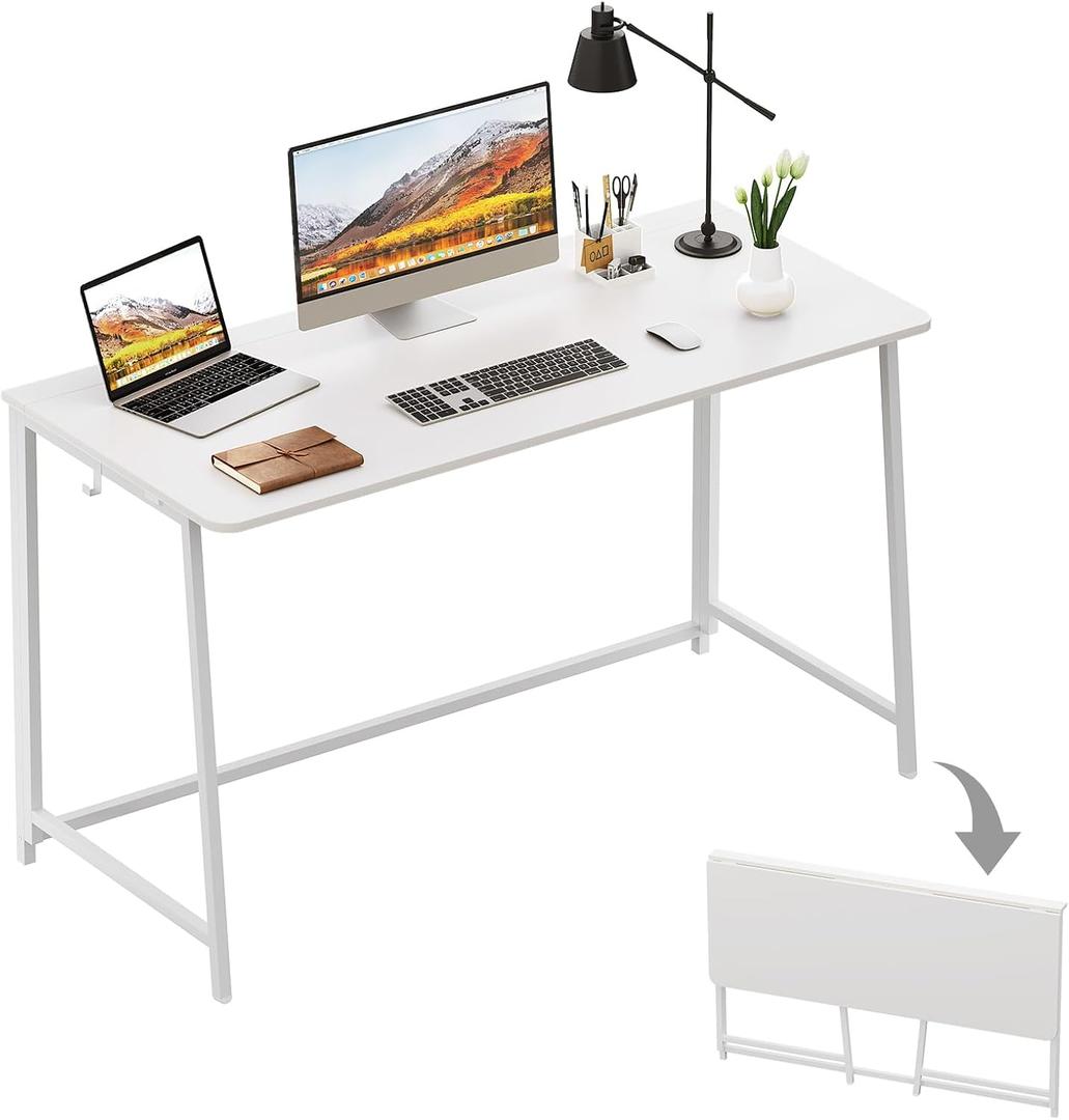WOHOMO Folding Desk, 47.2" Foldable Computer Desk for Bedroom, Space Saving Computer Table Writing Workstation for Home Office, Easy Assembly, White, Extra Large Size:47.2 x 19.6