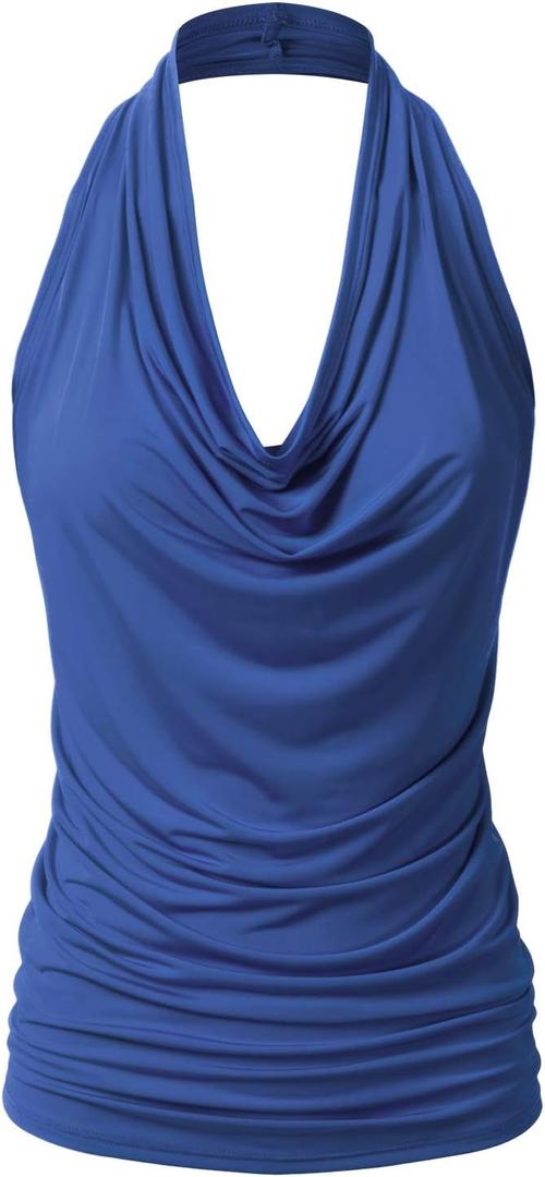 Women's Casual Halter Neck Draped Front Sexy Open Back Tank Top (S-3XL) (Ett006_royalblue)