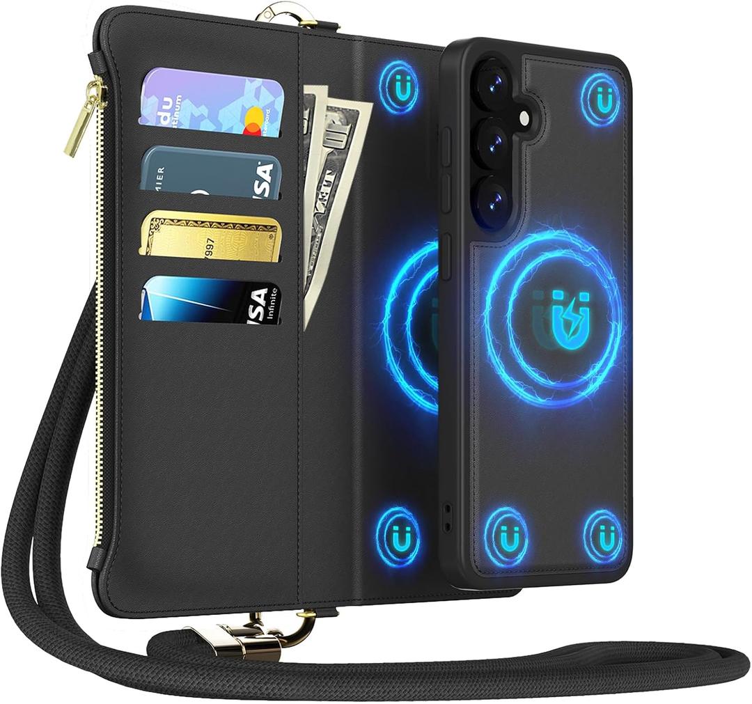 Xyndrix for Samsung Galaxy S25+/Plus(6.7 inches) Detachable Wallet Case with Crossbody. 2-in-1 Magnetic Case.Prevent Loss Flip Strap Zipper Phone Case with Shoulder Straps (Black)
