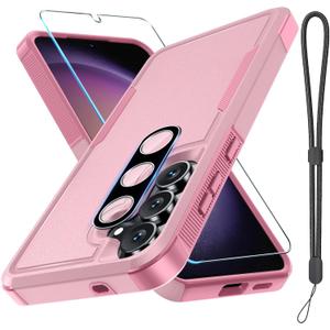 for Samsung Galaxy S25 FE Case with Screen Protector+Camera Lens Cover, Military Grade Heavy Duty Shockproof Phone Cover with Wrist Lanyard Strap for Samsung S25fe, Cute Pink