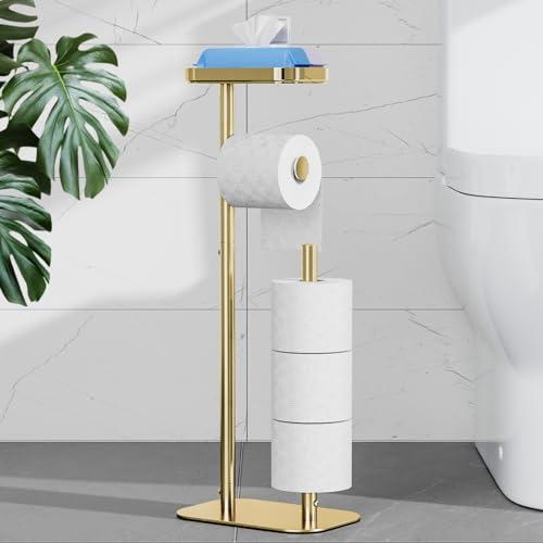 Kitsure Toilet Paper Holder Free Standing – Rustproof Metal Toilet Paper Stand for 4 Rolls with Anti-Slip Base and Shelf for Phone & Small Items, Bathroom Organizers and Storage, Medium, Chrome Gold