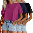 Ficerd 3 Pack Women Crop Tops Half Sleeve Cropped T Shirts Casual Crew Neck Drop Shoulder Loose Summer Solid Color (Small, Black, Navy Blue, Fuchsia)