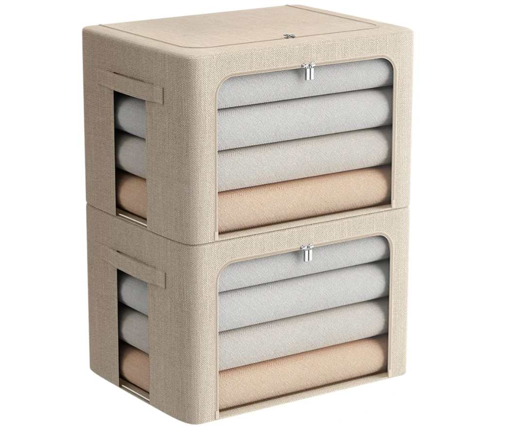 FHSQX 2 Pack Clear Window Storage Bins - Large Stackable Linen Fabric Storage for Clothes Foldable Container Organizer Set with Carrying Handles (Beige, 19.7x 15.7x 12.6 Inch)