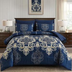 Mybedsoul Blue Gold Queen Comforter Set, 7 Pieces Boho Bed in a Bag for Queen Bed, Damask Comforter with Sheets Pillowcases, Soft Microfiber Lightweight Bedding Sets for All Season(90"x90")