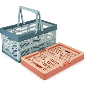 Domiella 2-Pack Foldable Storage Baskets, Collapsible PP Crates with Handles - 20L Capacity, Strong and Portable for Home Organization, Picnic and Shopping, Blue + Pink