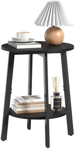 sthmec Side Table, Small Round End Table with Storage Shelf for Small Space, 2-Tier Black Bedside Table Sofa Couch Table, Round Accent Table Nighstands for Living Room, Bedroom, Black