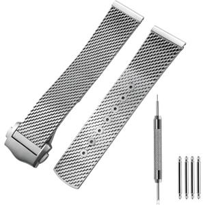 20mm Stainless Steel Watch Band, compatible with Omega Seamaster Diver 300mm Watch - Titanium Foldover Clasp - 20 Quick Release Mesh Bracelet for men, Silver