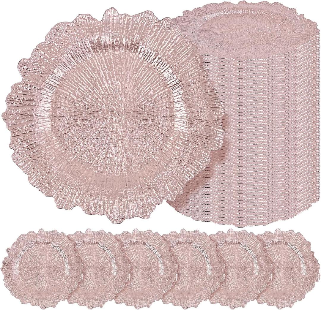 50 Pcs Rose Gold Charger Plates Bulk 13 Inch Plastic Charger Plates for Dinner Plate, Rose Gold Chargers for Table Setting, Reef Design Plate Floral Decorative Round Chargers for Wedding Party, Event