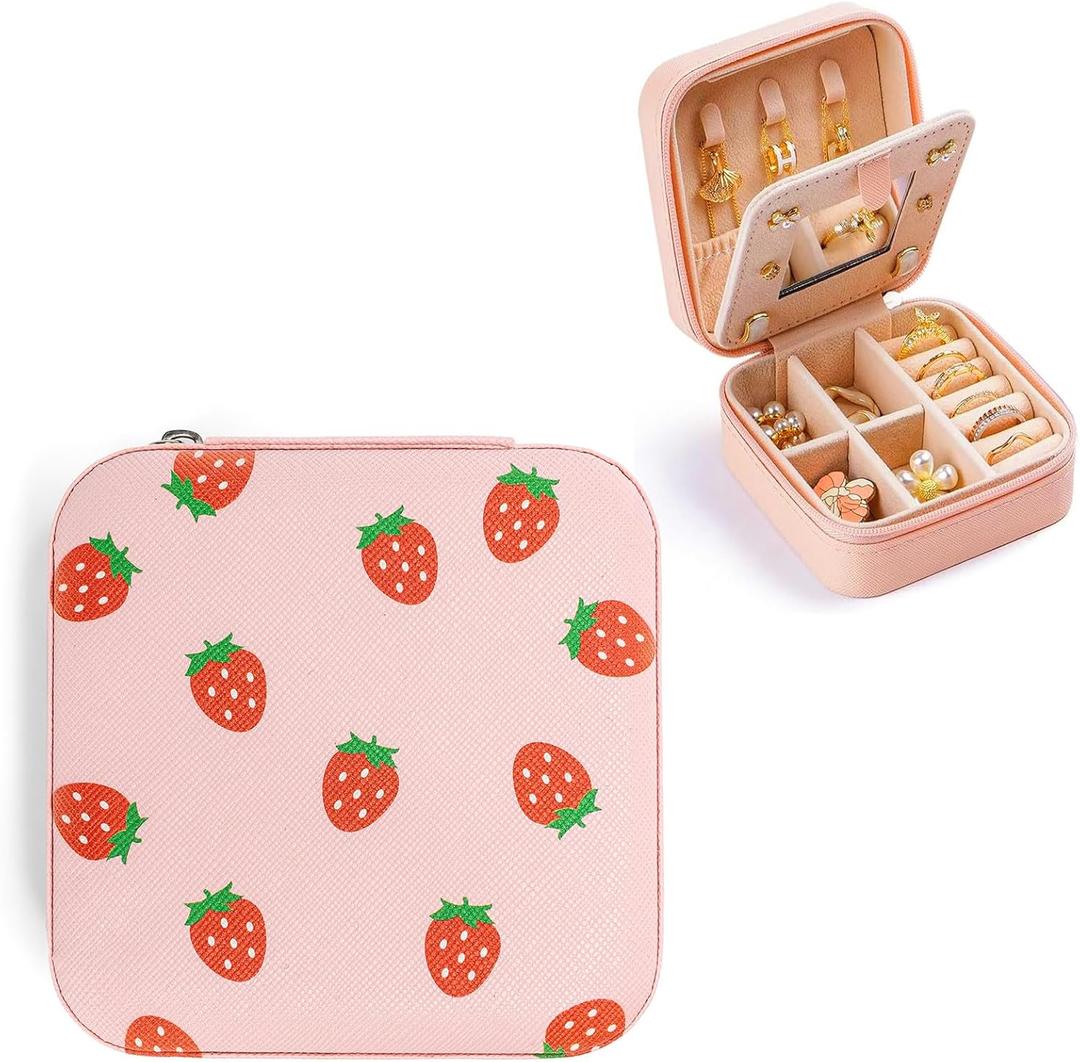 Strawberry Small Travel Jewelry Case with Mirror Portable Pink PU Leather Box Earrings Necklaces Rings Bracelets Storage Organizer Gift for Women And Girls