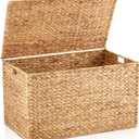 Wonderjune 30 x 17.5 x 17.5 Inch Water Hyacinth Wicker Storage Trunk with Metal Frame, Heavy Duty Storage Chest with Lid Large Rattan Basket for Blankets, Seasonal Clothes, Extra Bedding (Natural)