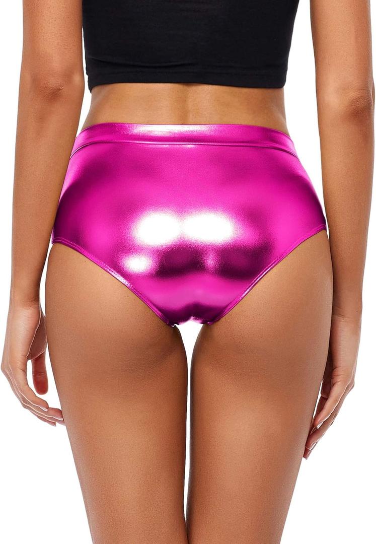 Kepblom Metallic High Waisted Booty Shorts Women's Shiny Cheeky Dance Festival Rave Bottoms (Hot Pink) XL