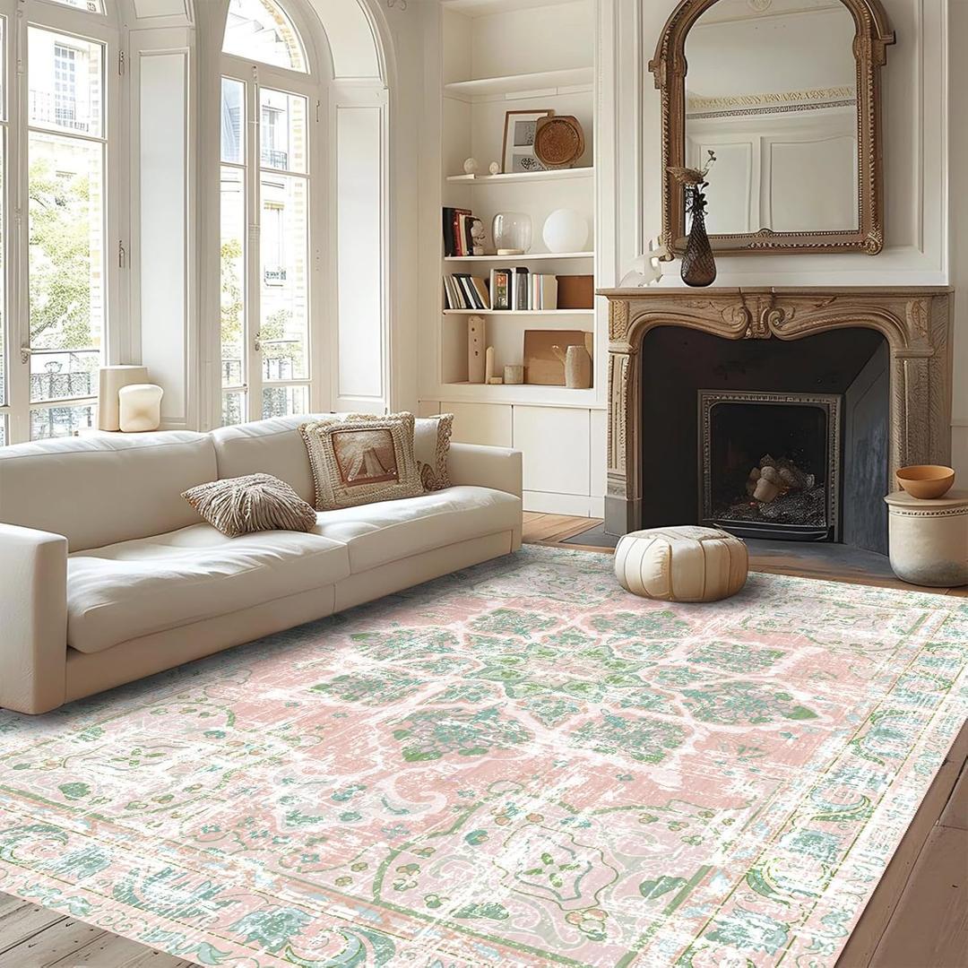 Vhong Boho Area Rugs Vintage Washable Neutral Modern Dusty Pink and Green 8x10 Non Slip Large Carpet for Nursery Living Room Dining Room Bedroom Farmhouse Girls Room