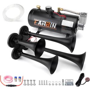 FARBIN 178DB 4 Trumpet Horns Train Horn Kit for Truck Super Loud Air horns with 150 PSI 12V Air Compressor Air Tank Can for Jeep SUV Train Metal Black(0.8 gal 12v black air horn kit) FARBIN 178DB 4 Trumpet Horns Train Horn Kit for Truck Super Loud Air horns with 150 PSI 12V Air Compressor Air Tank Can for Jeep SUV Train Metal Black(0.8 gal 12v black air horn kit)