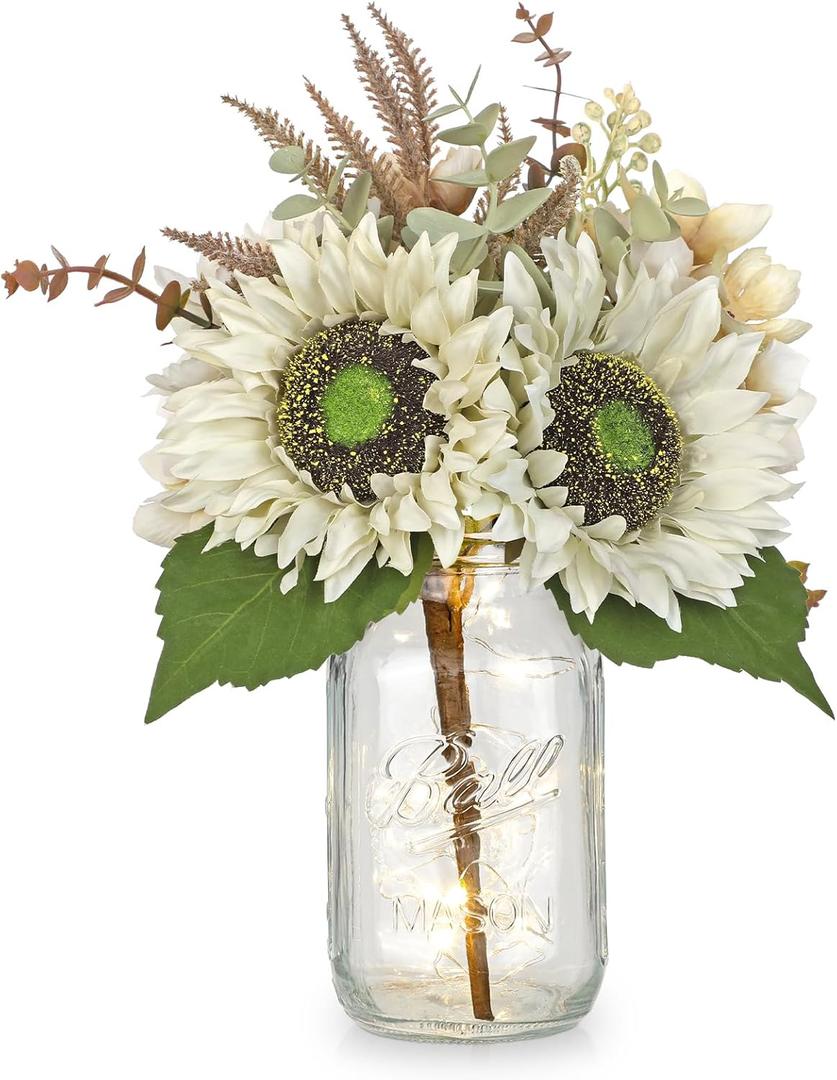 Silk Sunflowers Artificial Flowers with Mason Jar Centerpiece for Table White Fall Flowers in Vase Small Fall Floral Arrangement with Vase Thanksgiving Centerpiece for Dining Room Table Autumn Decor