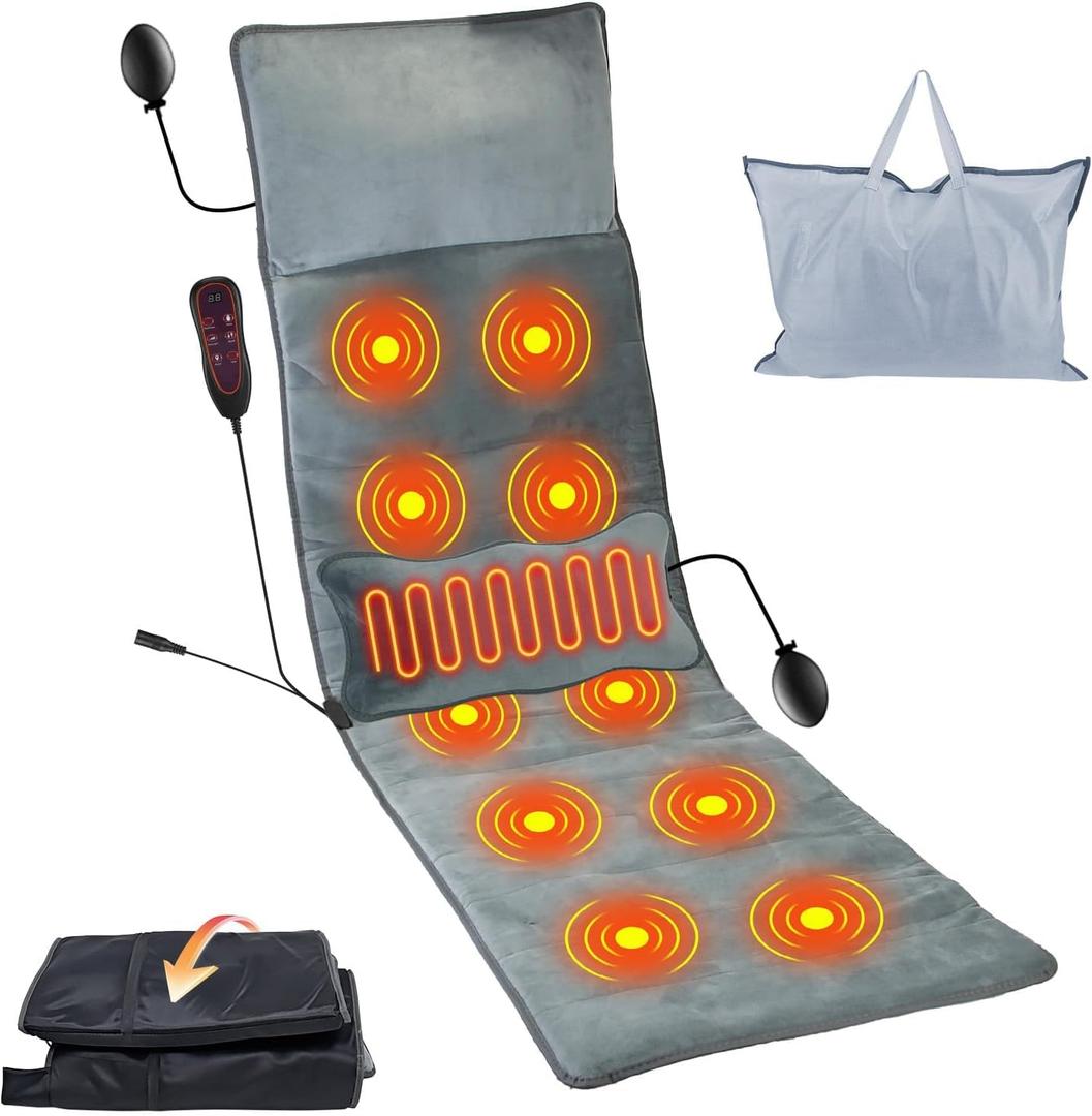 Full Body Electric Massage Mat with Heat, Vibration Back Massage Pad Cushion with Inflatable Head Pillow and Lumbar Pillow, 10 Vibration Motors 3 Timers