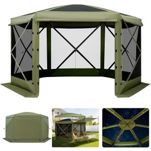 VEVOR Pop up Gazebo Screen Tent, 12 x 12 ft Large 6-Sided Camping Canopy Tent with Removable Top & Carry Bag, Quick-Set & Bite-Proof, Screen House Sun Shelter for 8-10 Persons Backyard Patio, Green