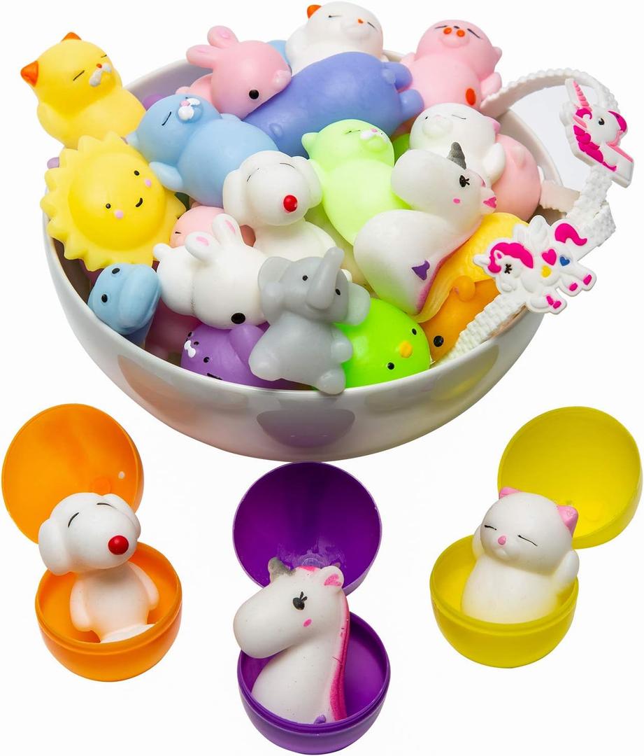 Claw Machine Prizes Toys Refill for Kids - 3X Surprise Eggs Easter Basket Stuffers, Easter Egg Fillers, Mochi Squishies 16pcs Mini Kawaii Cat Stress Relief Unicorn Party Favors Girls Classroom Prize
