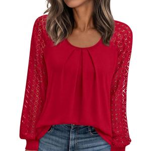 PRETTYGARDEN Womens Long Sleeve Shirts Lace Tops 2026 Spring Fashion Outfits Dressy Casual Blouses Work Clothes (Large, Red)
