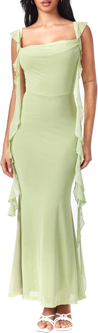 CIDER Formal Dresses for Women Wedding Guest Dresses Summer Maxi Dress Sleeveless Mesh Ruffle Cocktail Dress Elegant Outfits (X-Small, Green)
