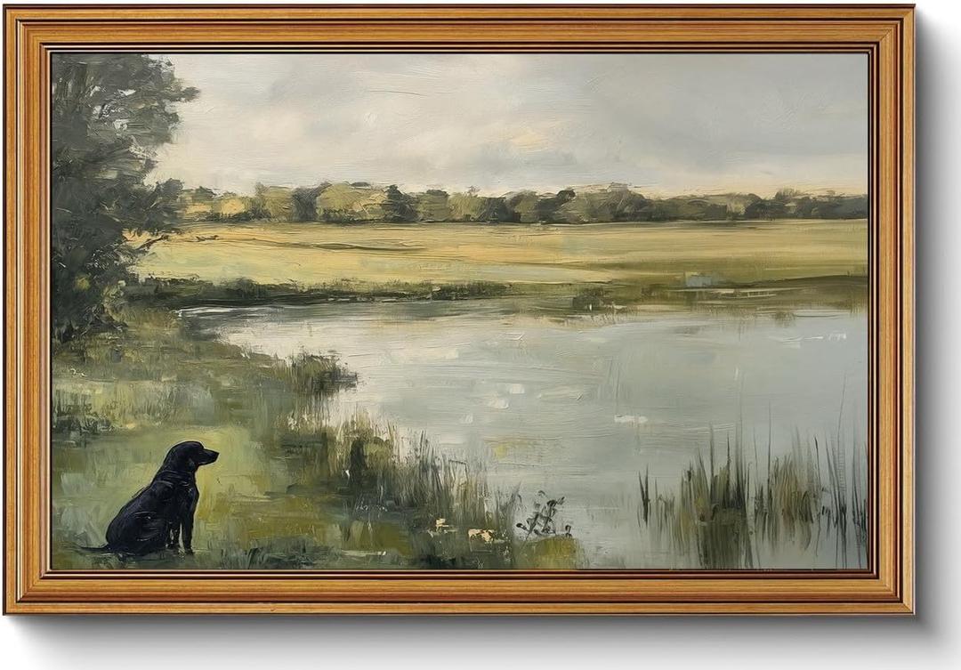 Gold Framed Wall Art Vintage Hunting Canvas Wall Art Black Dog Artwork Nature Landscape Prints Rustic Cottagecore Picture for Living Room Bedroom Farmhouse Bathroom Office Decor, 16x24