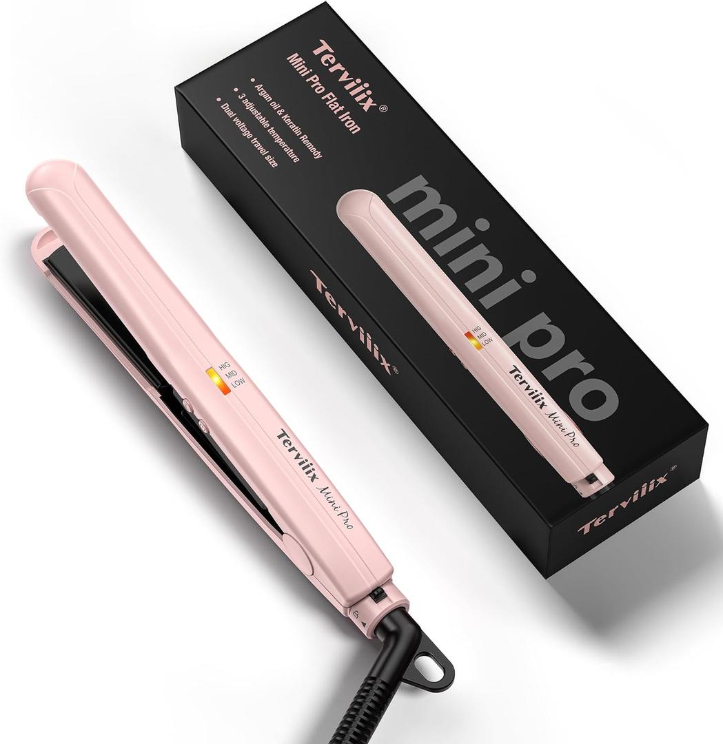Terviiix Mini Flat Iron Hair Straightener, Adjustable Temperature, Travel-Size, 1/2" Ceramic Plates, Dual Voltage, Auto-Off, Pink (Light Pink)