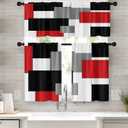 Red Kitchen Window Curtains Valance and Tier Set, Black Grey Modern Rod Pocket Short Tier Curtain, Abstract Art Small Cafe Drapes for Kitchen Decor 52" x 24"