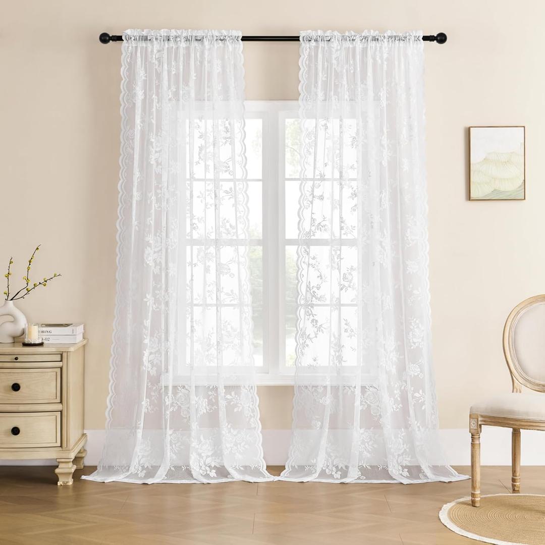 White Lace Curtains 120 Inches Long Victorian Floral Lace Curtains for High Ceiling Living Room Rod Pocket Light Filtering Drapes for Dining Room Villa Hallway French Window Decor, 2 Panels, 52x120