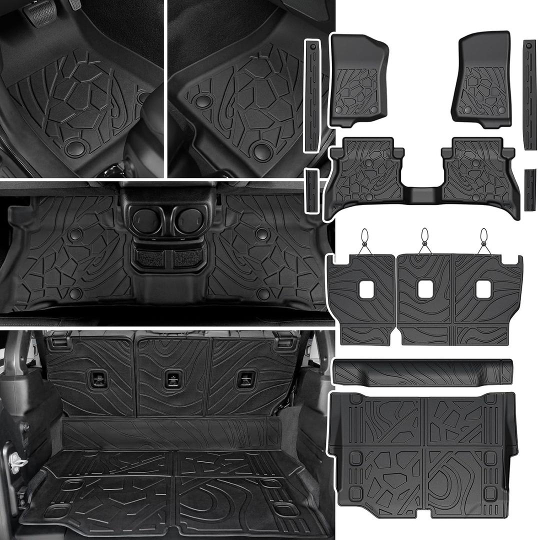 Floor Mats Set for Jeep Wrangler JL 4XE 2021-2026 4-Door (Not fit JK/GAS/2-Door), All Weather TPE Backrest Mat Trunk Mat Cargo Liner Door Sill Guards Accessories (21-26 | JL 4XE | Floor Mats Set)