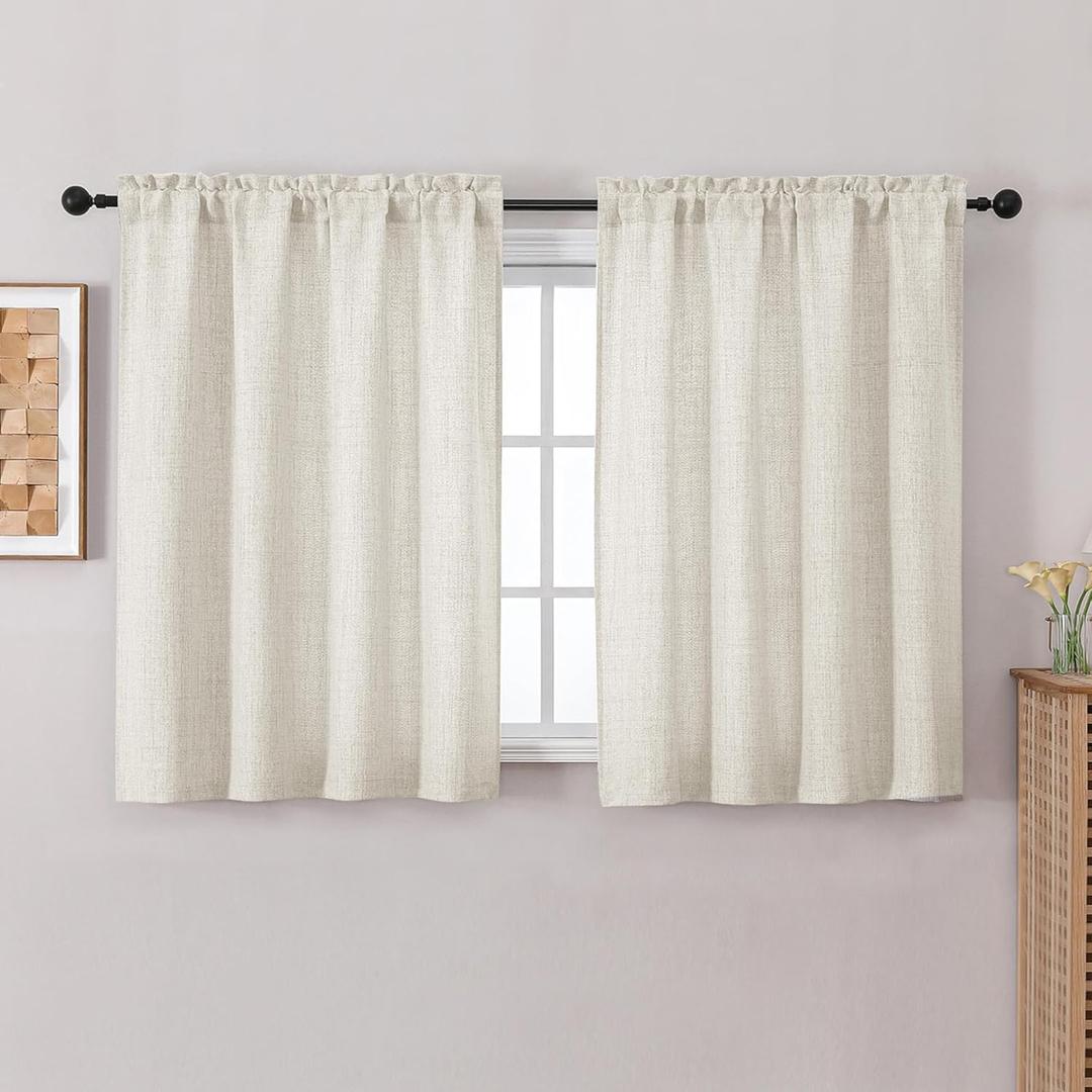 Chyhomenyc Natural Kitchen Curtains 45 Inch Length 2 Panels, Light Filtering Faux Linen Slub Textured Short Curtains, Neutral Soft Airy Window Treatment Curtain for Living Room Bedroom, 30Wx45L Inch